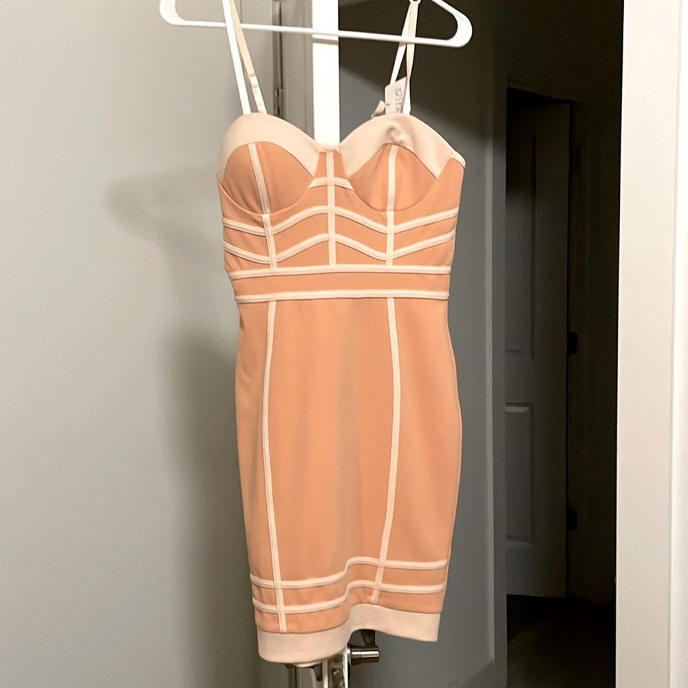 Form fitting 2 tone spaghetti strap bustier dress